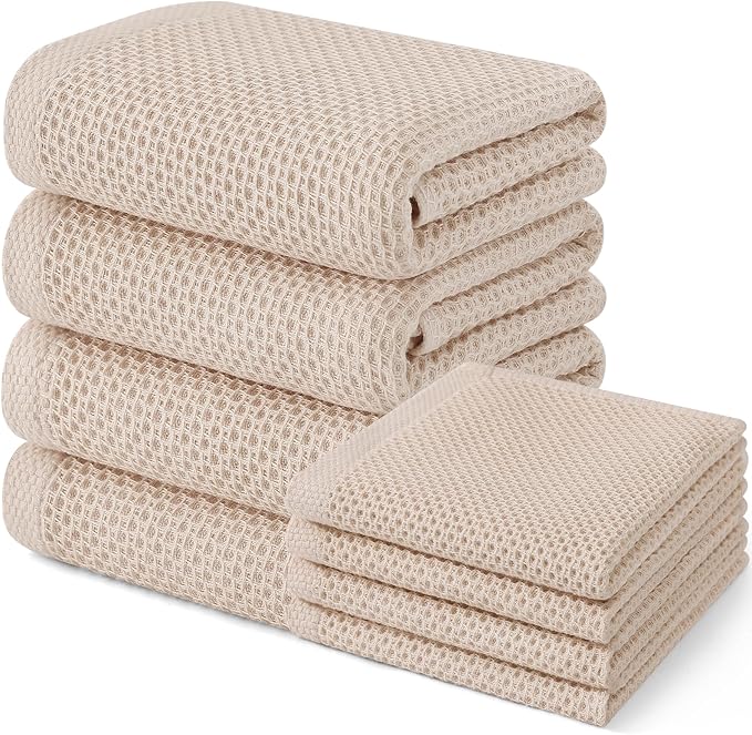 Homaxy 100% Cotton Kitchen Towels and Dishcloths Set, Large 12 x 12 Inches and 20 x 28 Inches, Set of 8 Bulk Kitchen Towels Set, Ultra Soft Absorbent Dish Cloths for Washing Dishes, Beige