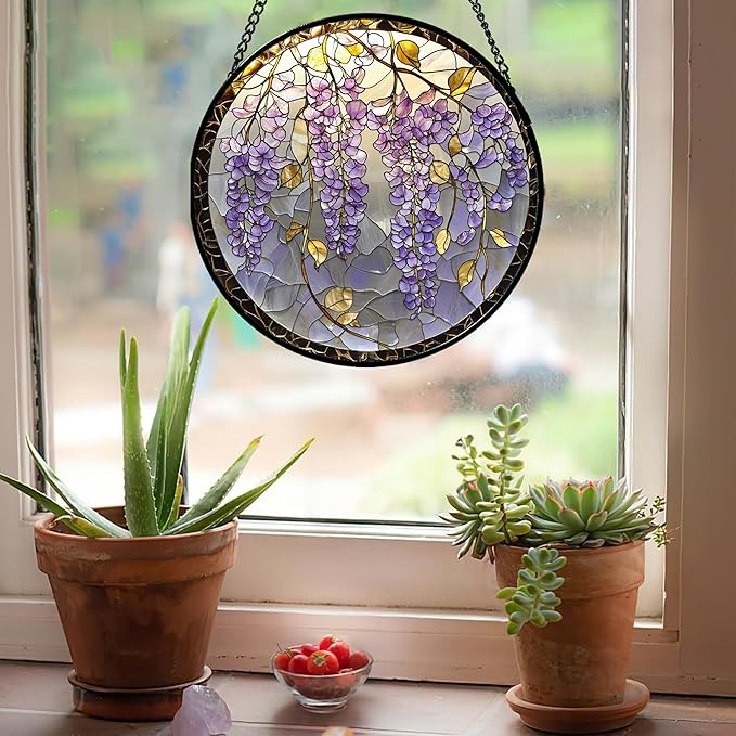 Stained Glass Window Hanging - Wisteria Flower Golden Leaves Sun Catcher for Door Home Decor Plant Suncatcher Christmas Mother's Day Birthday Gifts for Women Men Lovers Mom Nana 15 in