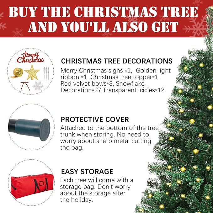 4FT Pre-Lit Green Christmas Tree, Small Artificial Holiday Fir Xmas Tree with 450 PVC Branch Tips, 150 Warm Lights, Foldable Base for Home, Party Decoration