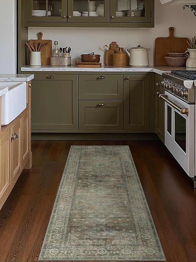Runner Rug for Hallway Kitchen, 2x7 Machine Washable Runners Rug for Entryway, Soft Modern Boho Throw Rugs, Low Pile Floor Cover with Non Slip Backing, Distressed Light Greyish Sage Green