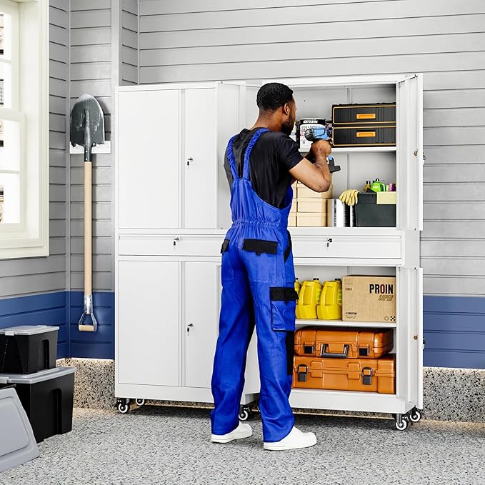 Yizosh Metal Garage Storage Cabinet with Locking Doors and Adjustable Shelves, 73" Rolling Tool Storage Cabinet with 4 Wheels and 1 Drawer for Garage,Warehouse