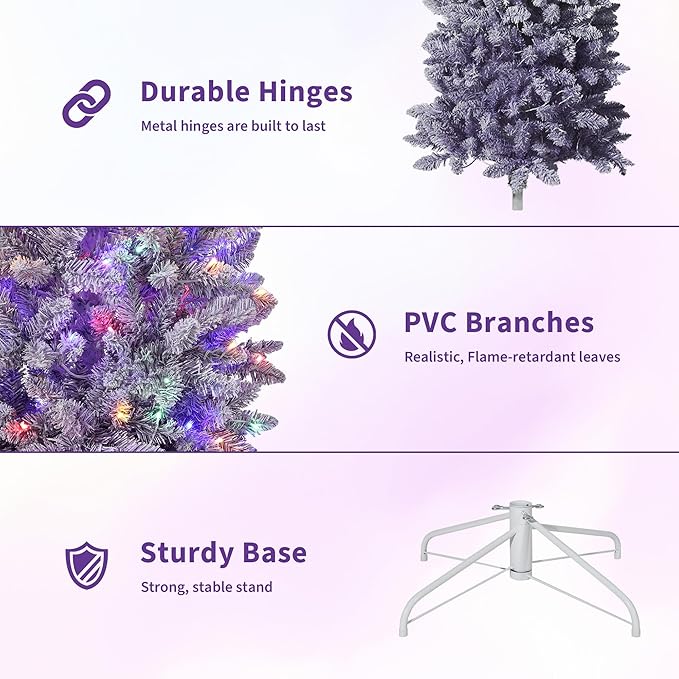 GarveeHome 6ft Snow Flocked Pencil Christmas Tree, Slim Artificial Christmas Tree with Sturdy Metal Stand, Skinny Xmas Tree Holiday Decoration for Home, Office, Purple Gradient