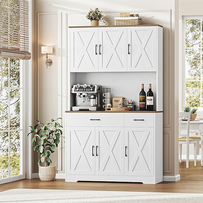 HOSTACK 71" Pantry Cabinet with Charging Station, Tall Kitchen Pantry Storage Cabinet with Microwave Stand, Farmhouse Kitchen Hutch with Storage Drawers for Living Room, Dining Room, White