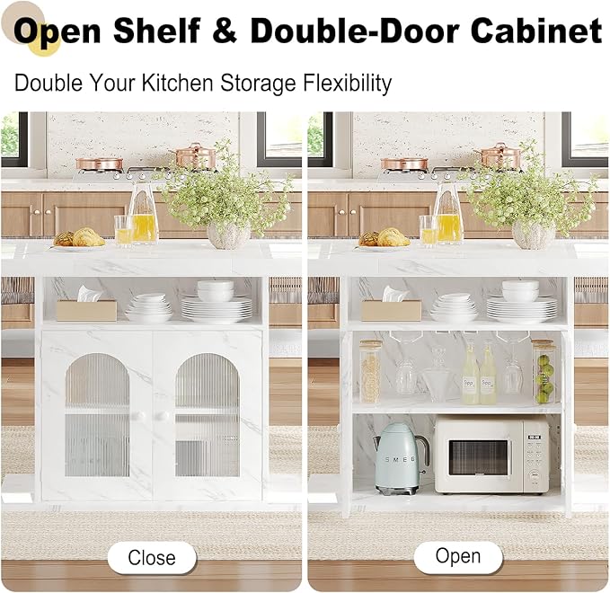 HSH Dining Table for 4–6, 63" Modern Kitchen Dining Room Table with Storage Shelves & Acrylic Door Cabinet,Wood Rectangle Dinner Table with Faux Marble Top for Home Apartment, White Faux Marble