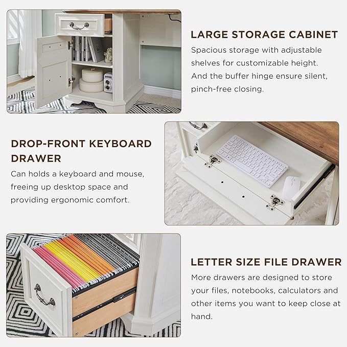 T4TREAM 59" Farmhouse Executive Desk with Hutch,Wood Home Office Computer Desk, Featuring Keyboard Tray,Charging Station,File Drawer, Storage Cabinet,for Work and Study (Antique White)