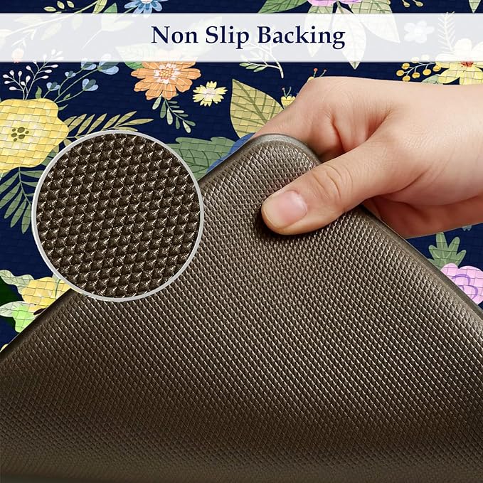 KIMODE Anti Fatigue Kitchen Mats for Floor, Farmhouse Rugs for Kitchen Floor, Cushioned Kitchen Floor Mat Non Slip, Comfort Standing Mat for Laundry Office Sink Desk Blue 17"x47"+17"x29"