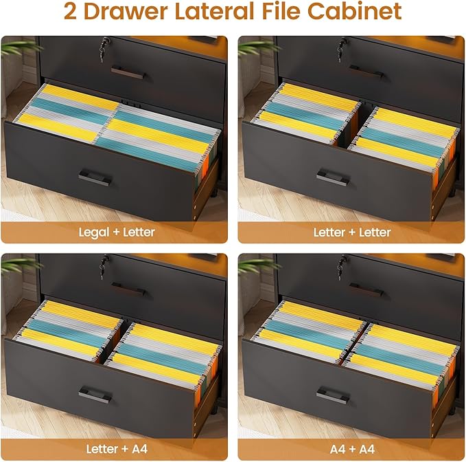 SEDETA 59" File Cabinet, 2 Drawers Filing Cabinets for Home Office fit Legal/Letter/A4 File, File Cabinet with Lock & Power Outlets, Printer Stand with Storage & LED Lights, Black