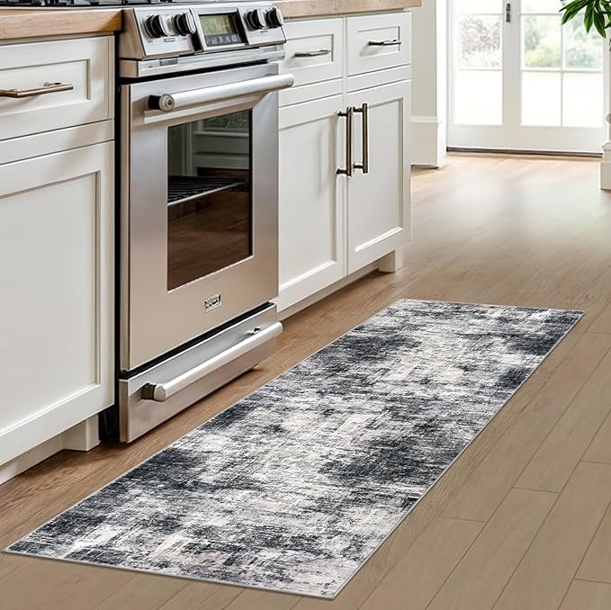 IOHOUZE Abstract Runner Rug 2x6 Ft Washable Runners for Hallways, Non Slip Kitchen Runner Printed Faux Wool Entryway Runner Indoor, Modern Abstract Floor Carpet for Hall Kitchen Bedroom, Black Gey