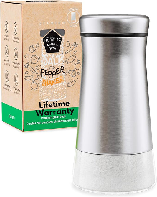 HOME EC Original Glass Salt shaker or Pepper Shaker with Adjustable Pour Holes - Stainless Steel Encased - For salts, ground peppercorns and spices - Great For Farmhouse or RV Camping