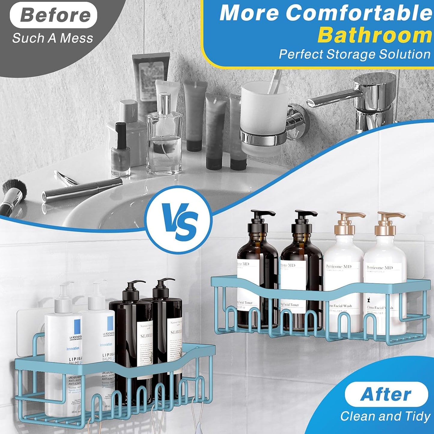 Shower Caddy 2 Pack, Adhesive Shower Organizer for Home Decor & Kitchen Organizers, No Drilling, Rustproof Stainless Steel Bathroom Shelves