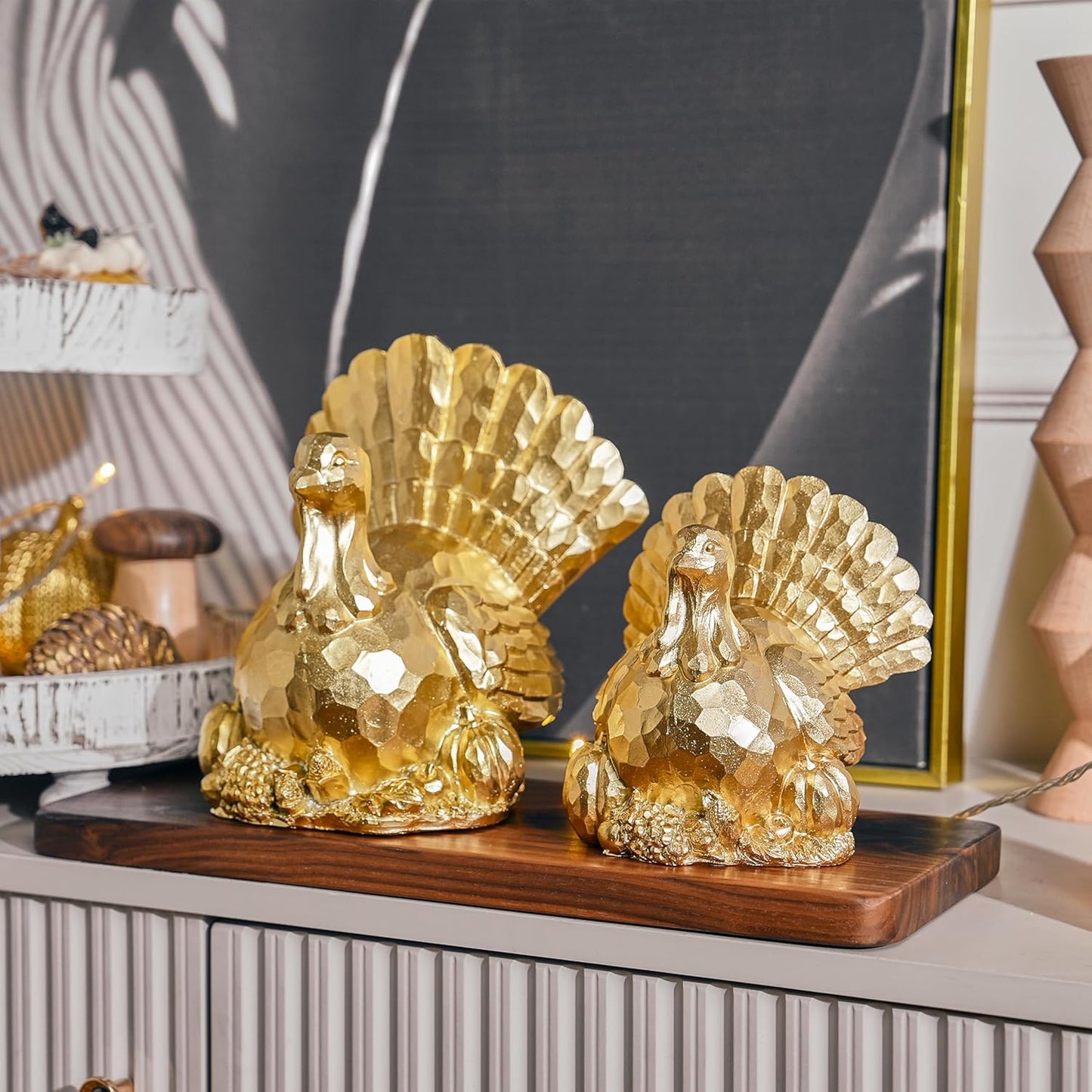 Thanksgiving Turkeys Decor, Gold Resin Turkey Figurine, Turkeys Statue for Decorating, Large Turkey Centerpiece for Table Kitchen Decoration, Harvest Home Decor