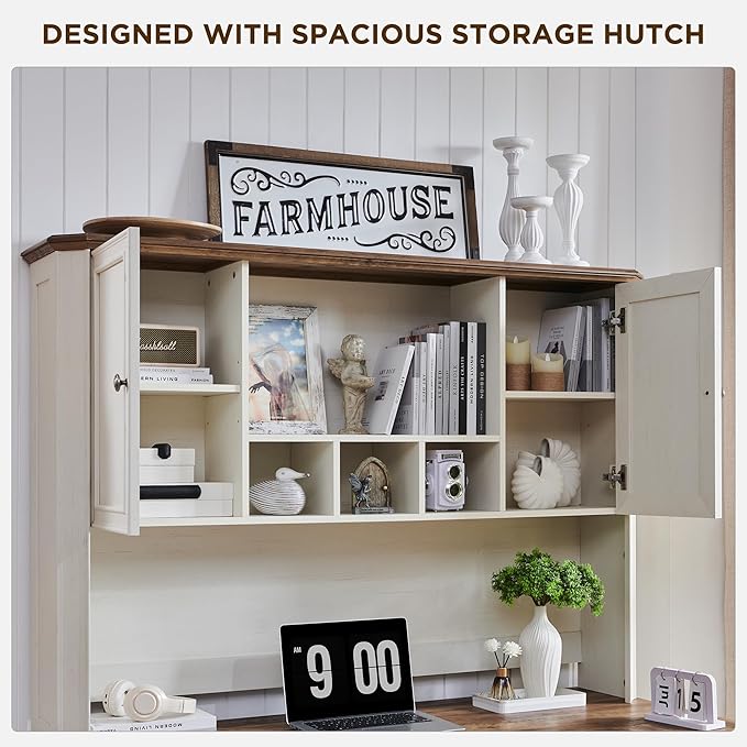 T4TREAM 59" Farmhouse Executive Desk with Hutch,Wood Home Office Computer Desk, Featuring Keyboard Tray,Charging Station,File Drawer, Storage Cabinet,for Work and Study (Antique White)