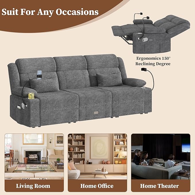 Home Theater Seating，RV Reclining Sofa Set with Adjustable Headrest， Recliner Sofa with Heat and USB&Type-C, Dawer & Cup Holders, 150° Recline for RV & Living Room(3-Seater Grey)