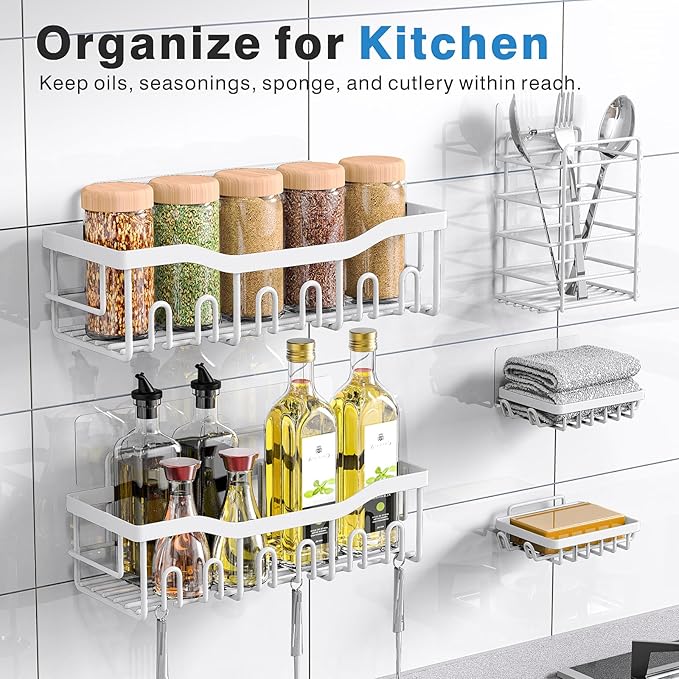 5-Pack Rustproof Stainless Steel Shower Caddy Set– No Drill Adhesive Bathroom Organizer, Space-Saving Shower Shelves for Apartment Essentials, Bathroom/Kitchen Storage Home Decor-L Size