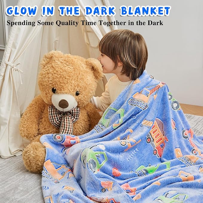 Inhand Truck Car Construction Toys Glow in the Dark Blanket Truck Gifts for Boys Kids Throw Blanket Car Excavator Crane Toys for Kids Boys Birthday Halloweenchristmas Cute Soft Room Decor Blue 50"X60"