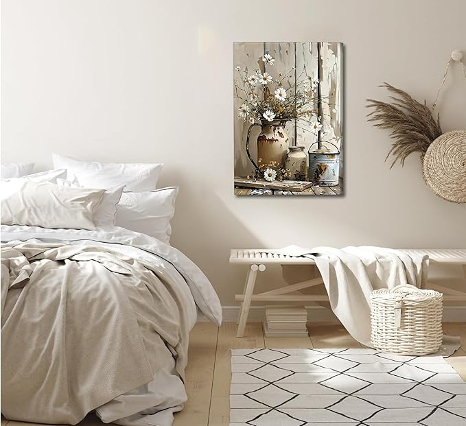 Rustic Farmhouse Daisy Flower Canvas wall art Vintage Country Floral Poster Print Artwork Modern Still Life Nature Botanical Wall Decor for Bedroom, Living Room Bathroom Scene Furniture Decoration