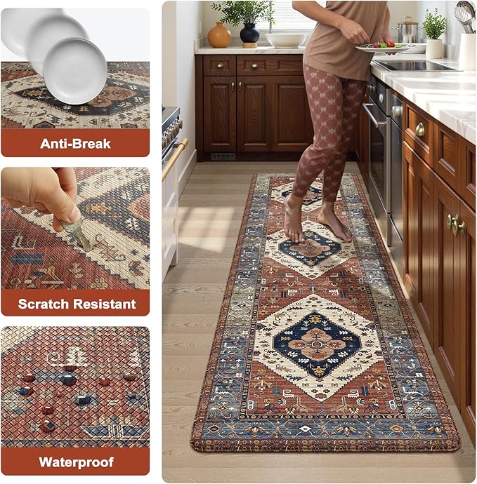 KIMODE Anti Fatigue Mats for Kitchen Floor 24"x71", Red Farmhouse Kitchen Runner Rugs, Cushioned Kitchen Floor Mats Non Skid, Boho Memory Foam Kitchen Mats for Laundry Office Sink Desk