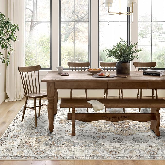 6x9 Area Rug for Living Room - Large Oriental Washable Rugs for Bedroom Non-Slip Tan Cream Stain Resistant Dining Room Rug Farmhouse Low-Pile Carpet Soft Vintage Rug for Office Guest Room