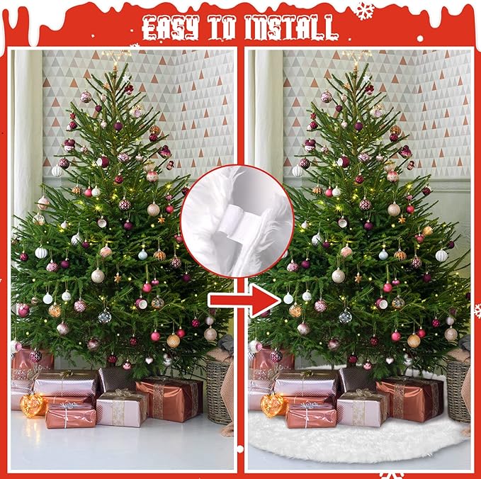 Christmas Tree Skirt 48 inches Faux Fur White Christmas Tree Skirt for Christmas Tree Decorations Winter Holiday Home Christmas Party Ornaments (White)