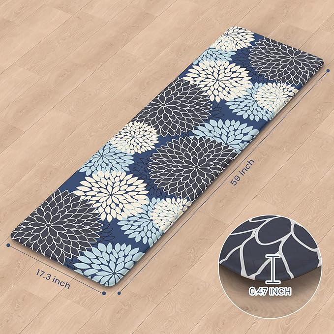 KIMODE Anti Fatigue Kitchen Mat, Cushioned Floral Kitchen Runner, Non Slip Memory Foam Kitchen Mat for Floor, Waterproof Standing Desk Mat for Laundry, Office, Sink Mutil-Blue 17.3"x59"