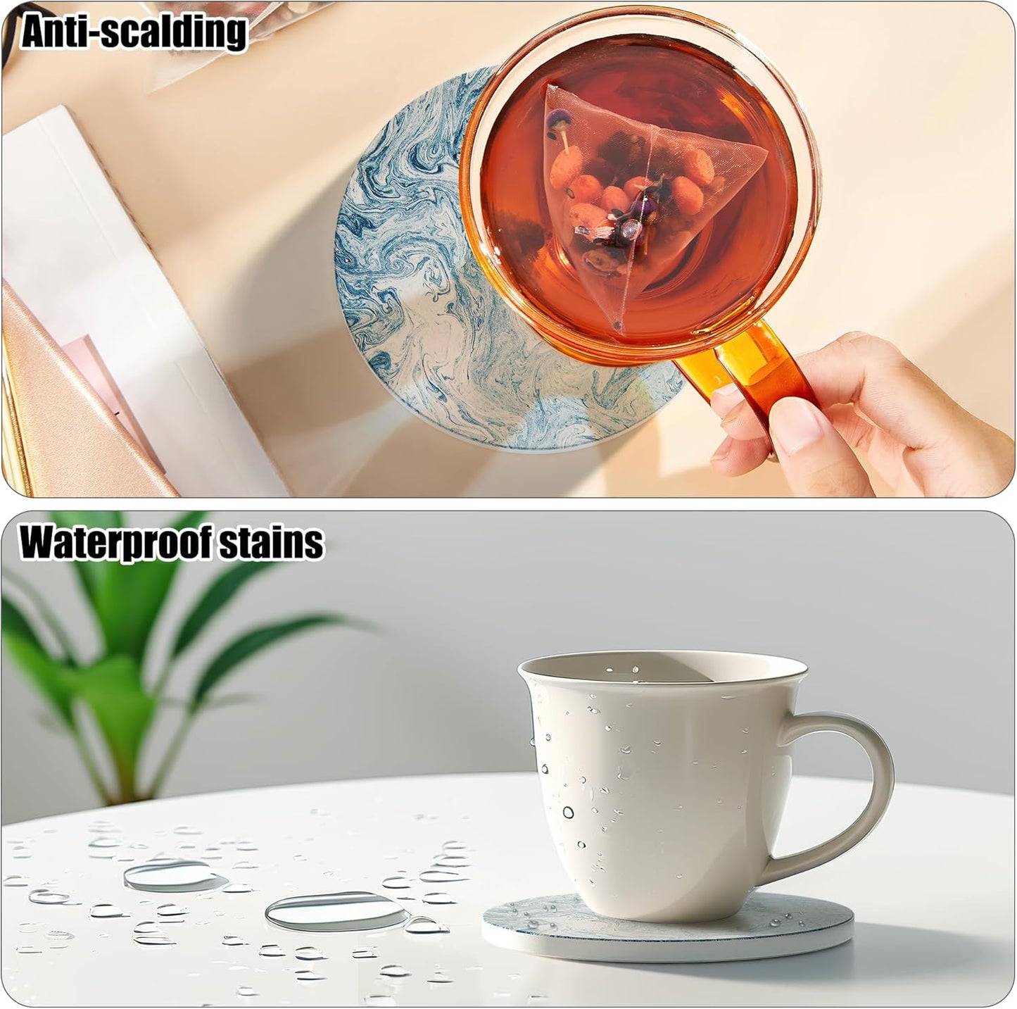 Coasters for Drinks Set of 8, Absorbent Abstract Light Blue Marble with Metal Golden Holder, Ceramic Coaster Set Cup Mat for Home Decor, Bar, Kitchen, Party