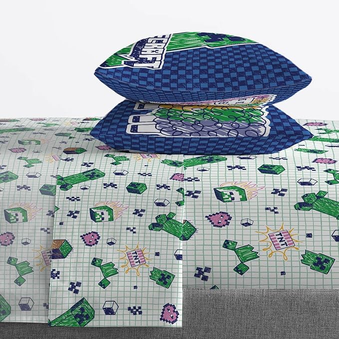 Jay Franco Kids Sheet Set with Fitted, Flat Sheets & Pillow Cover - Ultra-Soft Bedding with Pillowcase for Room Decor, Multi - Minecraft, 4 Piece Queen