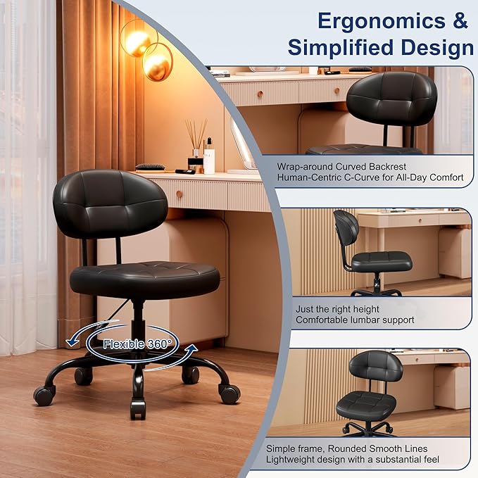 Misolant Vanity Chair with back, Small Armless Cute office Chair with wheels and Lumbar support, Comfy PU Leather Desk Computer Chairs with Adjustable Height, 360°Swivel for Home Bedroom Office, Black