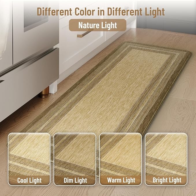 KIMODE Anti Fatigue Cushioned Kitchen Mats for Floor 2 Piece, Boho Vintage Kitchen Rugs Non Skid, Comfort Memory Foam Standing Desk Mats for Laundry Office Sink 17.3"x29"+17.3"x59" Brown/Khaki