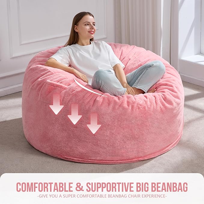 Hobestluk 4ft Bean Bag Chairs for Adults Large Beanbag Chair with Plush Faux Fur Cover Big Bean Bag Chair for Living Room Bedroom Dorm Office -Pink (44” x 44” x 24”)