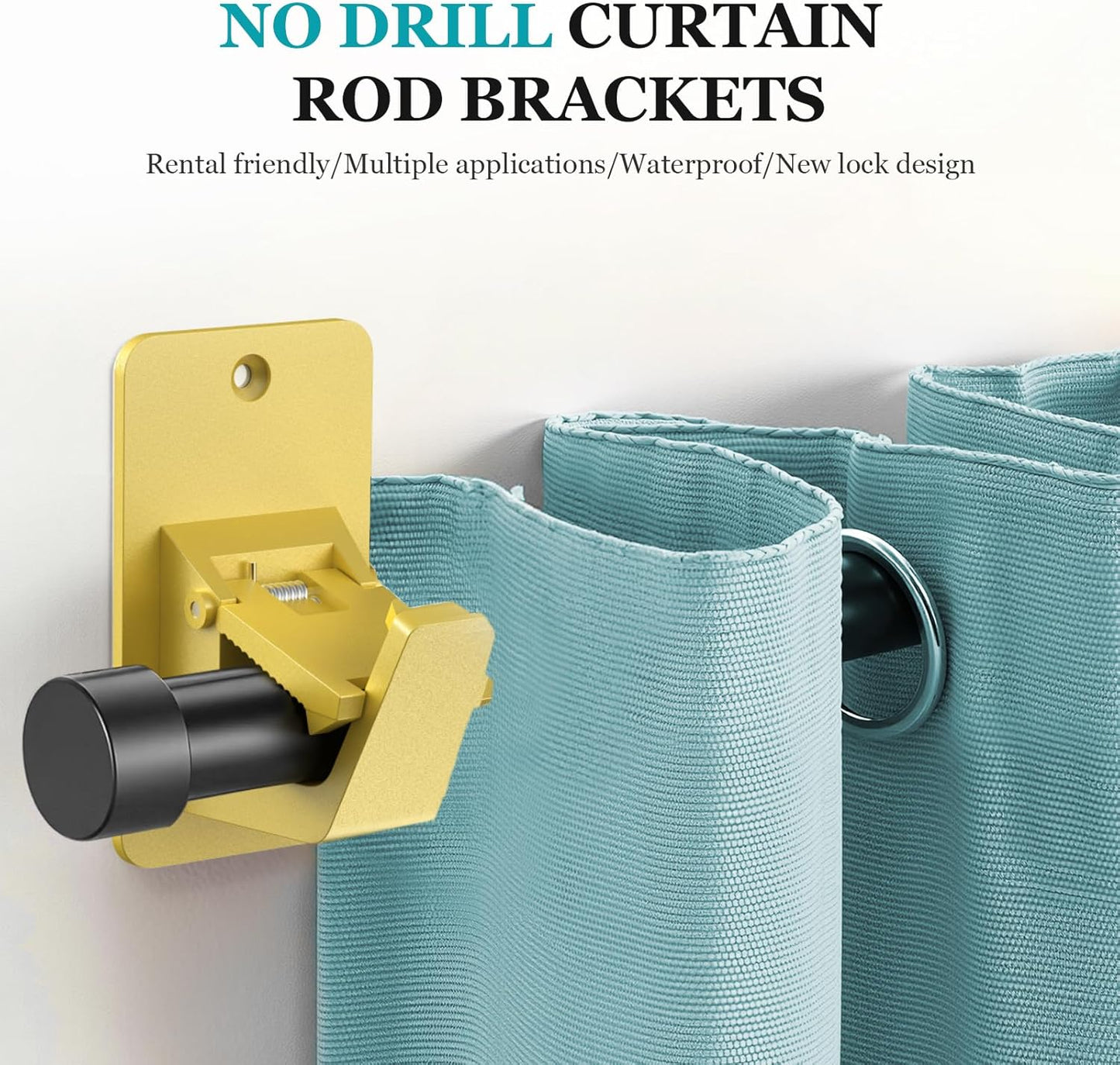 Adhesive No Drill Curtain Rod Brackets - Heavy Duty 30LB Holders for Bathroom Bedroom Kitchen, Universal Damage-Free Window Rod Hooks with Nail-Free Installation (4PC Gold)