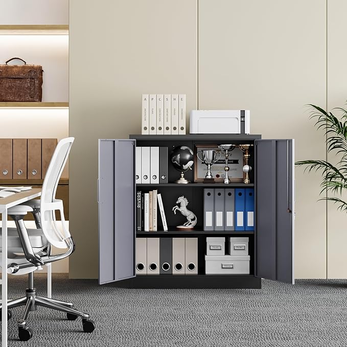 Yizosh Metal Garage Storage Cabinet with 2 Doors and 2 Adjustable Shelves - 35.5" Steel Lockable File Cabinet for Home Office,Garage,Gym,School（Gray Black）