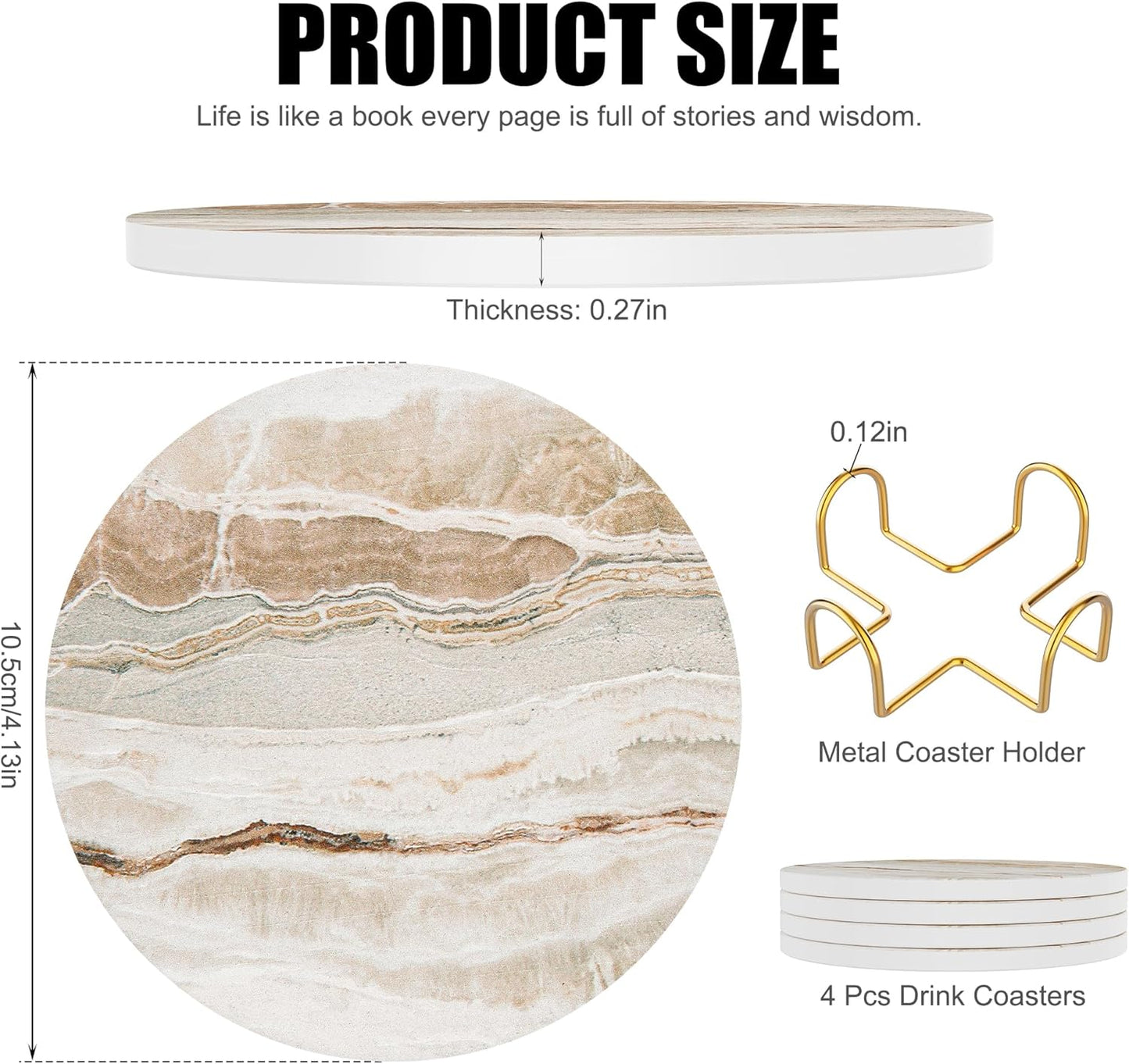 Coasters for Drinks Set of 4, Absorbent Marble with Metal Golden Holder, Ceramic Coaster Set Cup Mat for Home Decor, Bar, Kitchen, Party