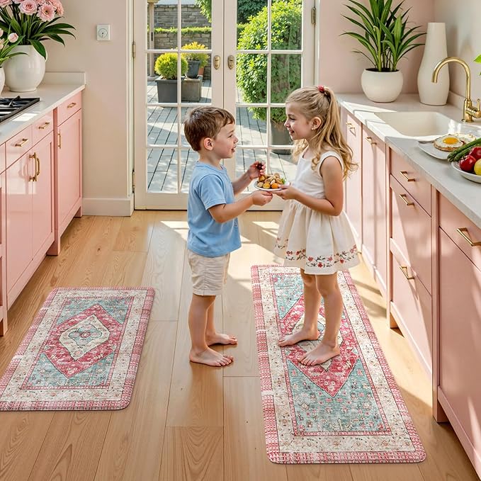 KIMDOE Kitchen Rugs and Mats 2PCS Cushioned Anti Fatigue Kitchen Mat Non-Skid Waterproof Kitchen Runner Rug for Kitchen Decor,Floors,Office,Laundry,Rose Red