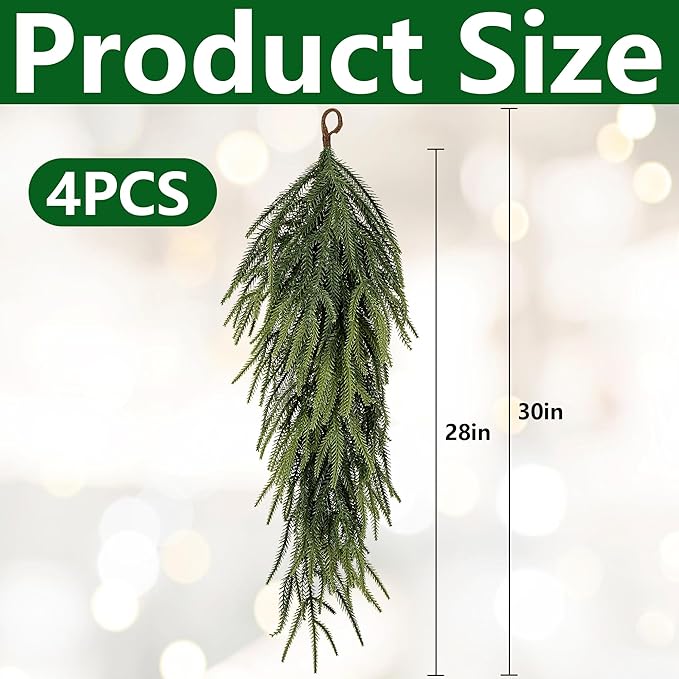 4 Pcs Extra Length Artificial Christmas Teardrop Swag, 30" Faux Pine Needles Teardrop Door Swag, Christmas Norfolk Greenery Teardrop Wreath for Xmas Door Table Mantle Fireplace Indoor Outdoor Decor