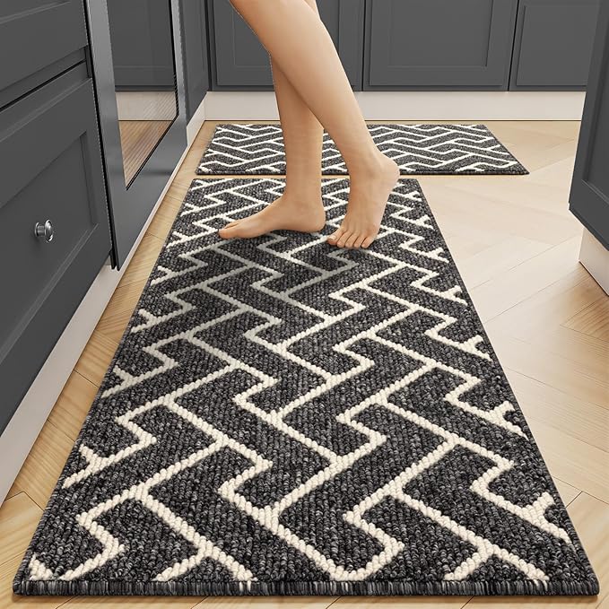 hicorfe Kitchen Rugs and Mats Sets,Non-Slip 2 Pieces Absorbent 100% Polypropylene Rug,Comfort Kitchen Runner Mat,Washable for Kitchen,Sink,Laundry(20" x 31.5" Plus 20" x 48",Black)