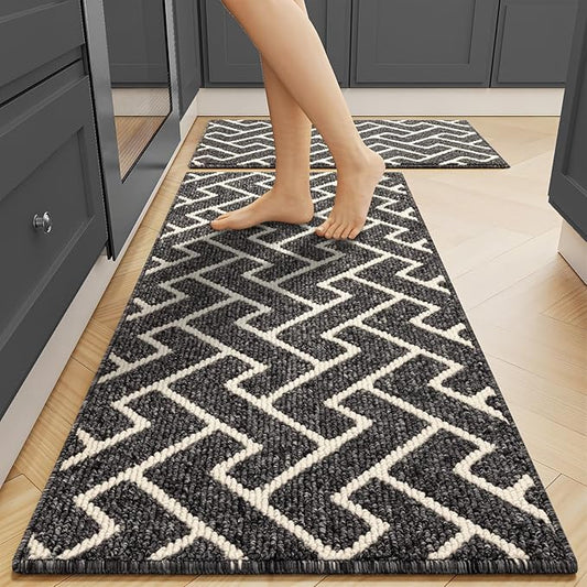 hicorfe Kitchen Rugs and Mats Sets,Non-Slip 2 Pieces Absorbent 100% Polypropylene Rug,Comfort Kitchen Runner Mat,Washable for Kitchen,Sink,Laundry(20" x 31.5" Plus 20" x 48",Black)