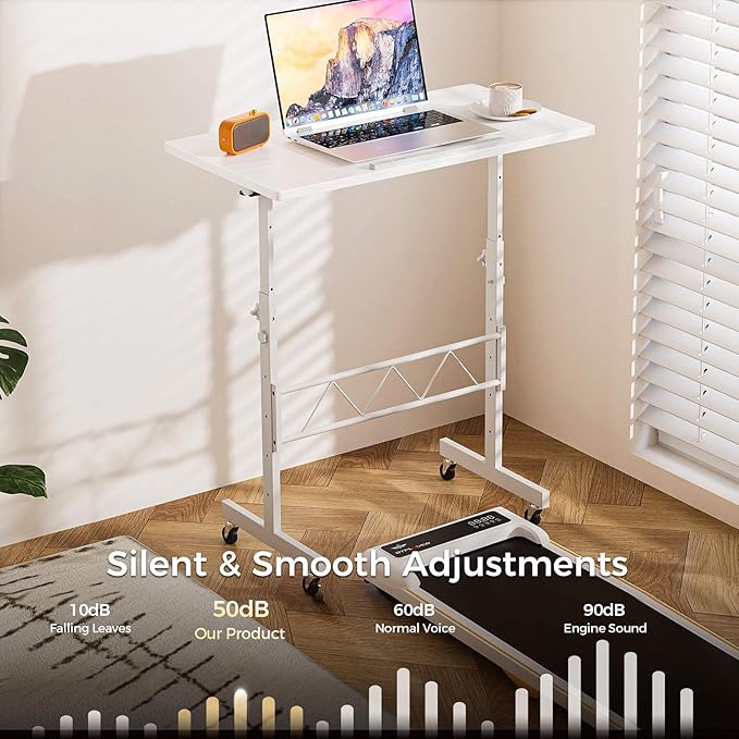 COMHOMA Small Standing Desk Adjustable Height & Tiltable Tabletop, Mobile Stand Up Desk for Laptop, Portable Computer Table for Home Office Work and Walking Pad Treadmill, Height 30.7"-46.4", White