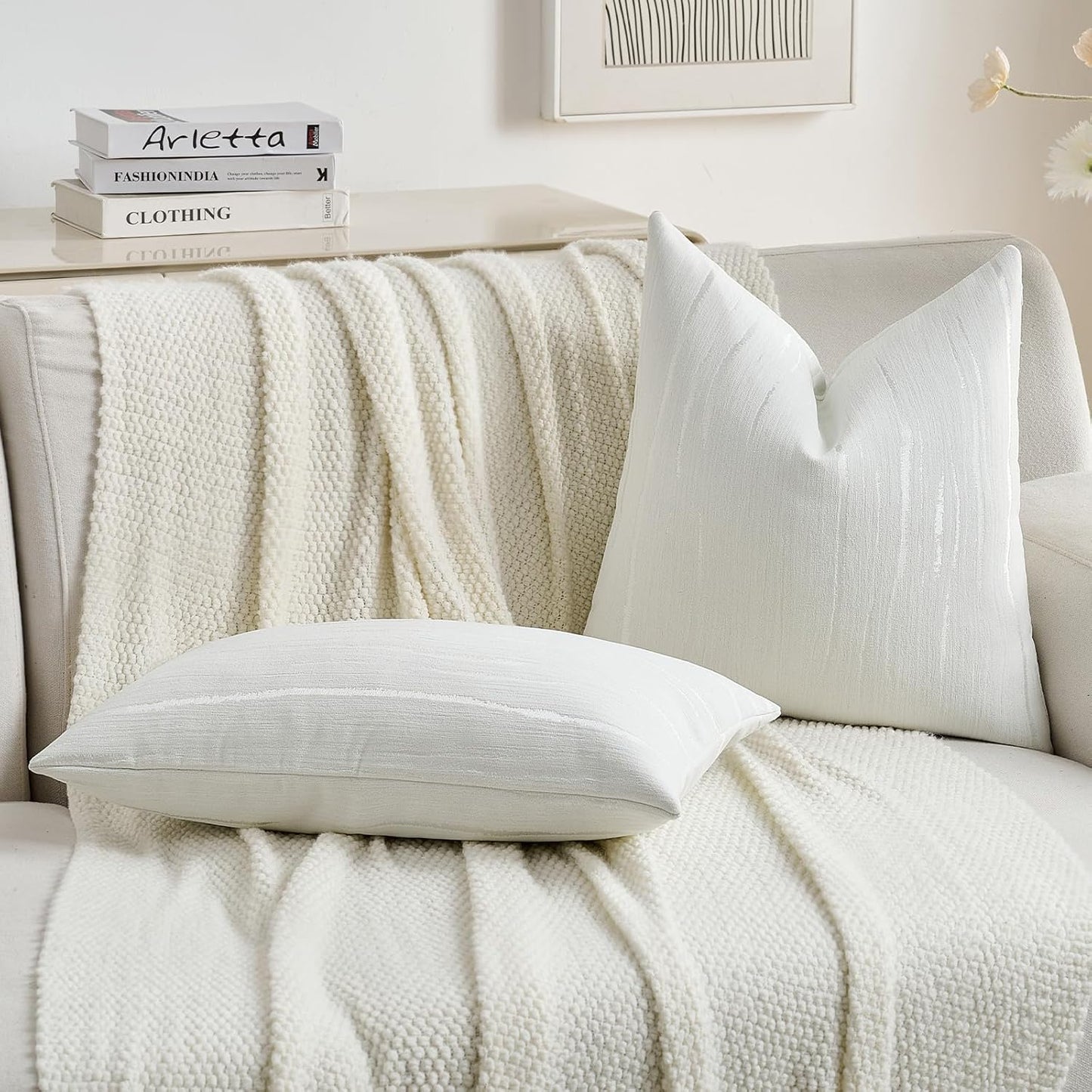 FUTEI White Chenille Decorative Throw Pillow Covers 22x22 Inch Set of 2,Soft Embossed Striped Textured Cushion Case,Modern Home Decor for Couch Bed Living Room