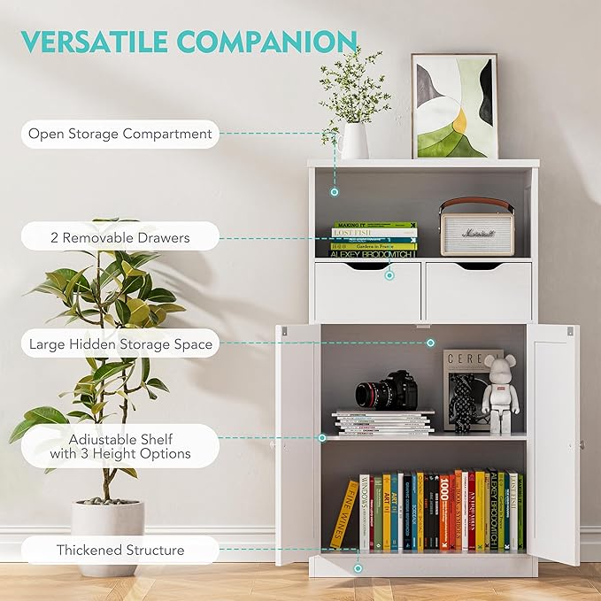 Vongrasig Bathroom Storage Cabinet, Freestanding Pantry Cabinet with 2 Drawers and Adjustable Shelves, Wooden Floor Storage Organizer for Bathroom, Living Room, Kitchen, Entryway, Farmhouse, White