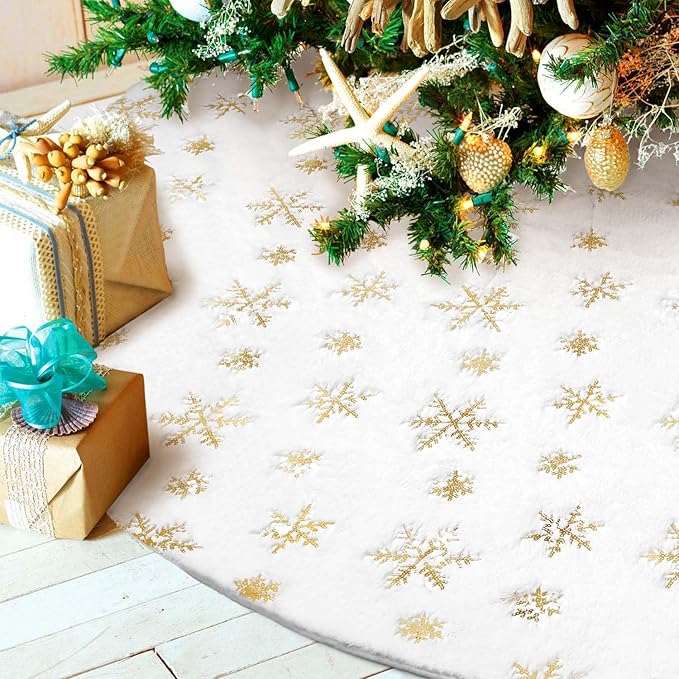 Hommtina Christmas Tree Skirt 48 Inches White Tree Skirt,Christmas Tree Decorations Faux Fur Tree Skirt for Xmas Holiday Home Party Decorations Ornaments (Golden Snowflake)
