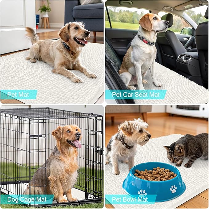 OLANLY Dog Door Mat for Muddy Paws 44x32, Absorbs Moisture and Dirt, Absorbent Non-Slip Washable Doormat, Quick Dry Chenille Mud Mat for Dogs, Entry Indoor Entryway Carpet for Inside Floor, Ivory