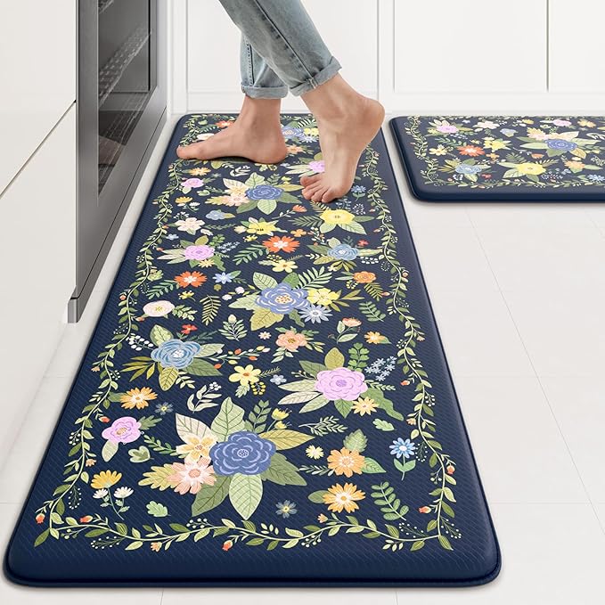 KIMODE Anti Fatigue Kitchen Mats for Floor, Farmhouse Rugs for Kitchen Floor, Cushioned Kitchen Floor Mat Non Slip, Comfort Standing Mat for Laundry Office Sink Desk Blue 17"x47"+17"x29"