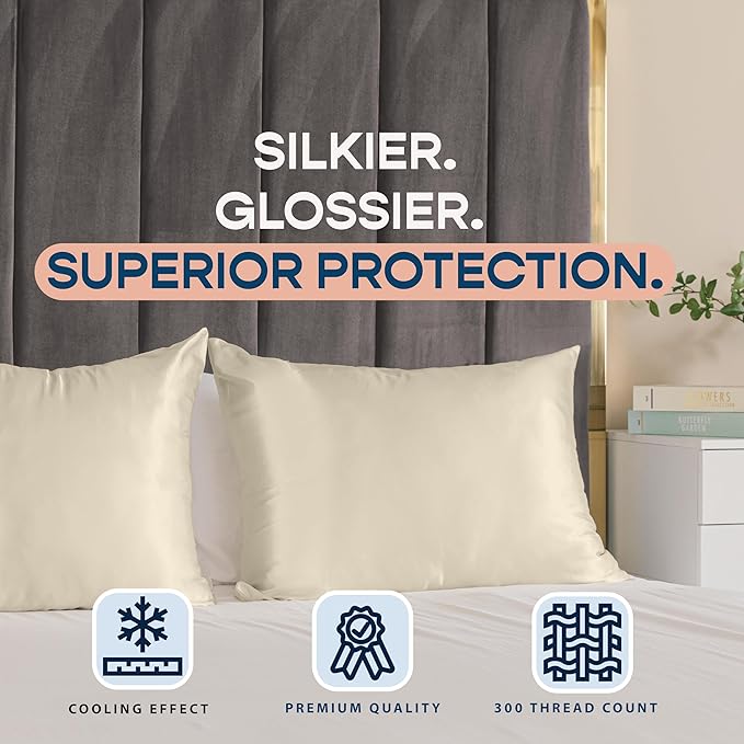 Satin Pillowcase with Zipper, for Hair and Skin Care, Feels Soft and Cool Like a Silk Pillowcase, Satin Pillow Cases 2 Pack, Slik Pillow Cover, Champagne, Queen, Set of 2