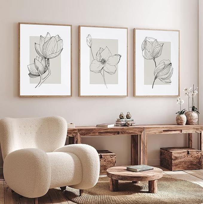 3Pcs Neutral Botanical Canvas Wall Art Beige Simple floral Painting Pictures Wall Decor Vintage Line flower Poster Print Artwork for Living Room Bedroom Bathroom Scene Home Decoration Unframed