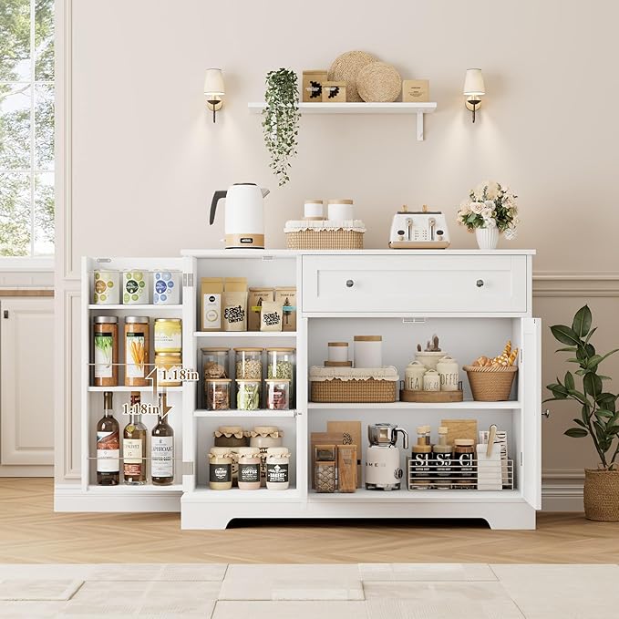 HOSTACK Buffet Cabinet with Storage, Modern Sideboard Buffet with Doors, Wood Coffee Bar Kitchen Storage Cabinet with Drawer and Adjustable Shelf for Kitchen, Dining Room, Living Room, White