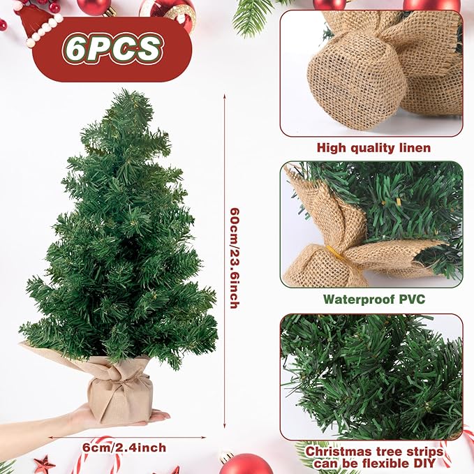 Yinder Tabletop 6 Pcs Mini Christmas Tree 23.62 Inch Artificial Mini Xmas Miniature Pine Christmas Tree with Linen Base for Xmas Holiday Decorations Indoor Home Kitchen Dining Table