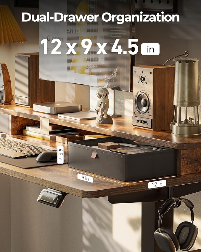 FEZIBO 60 x 24 Inch Height Adjustable Electric Standing Desk with Double Drawer, Computer Desk, Home Office Stand Up Table with 4 Height-Adjustable Feets & 2 Hooks, Rustic Brown