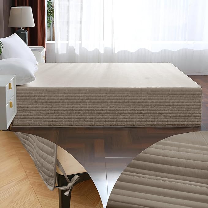 King Bed Skirt-Box Spring Cover with 14 Inch Tailored Drop,Wrinkle and Fade Resistant Hotel Wrap Around Bed Skirts,Bed Frame Cover (Horizontal Stripe Light Khaki, King)