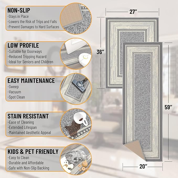 Ottomanson 2-Piece Kitchen Rug Set - Non Slip, Runner & Small Area Rug - Border - 20" x 59" & 2'3" x 3' - Durable, Stain Resistant for Entryway, Bedroom and Bathroom, Light Gray