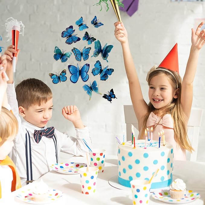 24PCS Butterfly Wall Decals Removable 3D Butterflies Decor for Wall Sticker Mural Stickers Home Decoration Kids Room Bedroom Decor (Double Layer-Blue/24PCS)